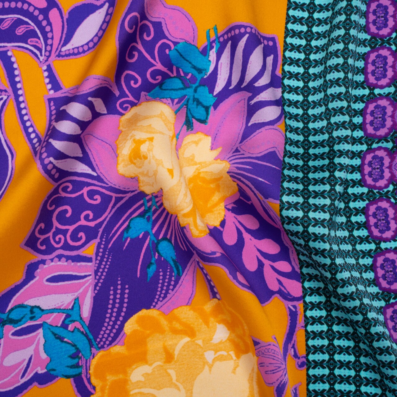 1 Yard Golden Yellow, Purple and Teal Silk Charmeuse Print Floral Abstract Stripes Fabric Made in Italy 53" Width